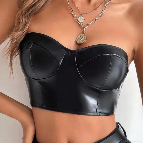 Sexy Women's PU Leather Bustier Crop Top Strapless Shiny Faux Leather Slim Fit Corset Vest Streetwear Party Clubwear Back Hook Eye Closure