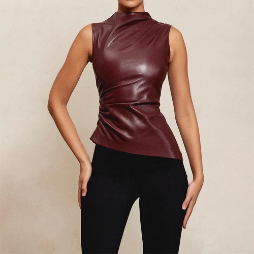 Women's Sexy PU Leather Sleeveless Vest Stand Collar Ruched Irregular Hem Bodycon Top Chic Streetwear Clubwear Party Blouse