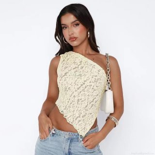 Women's Sexy Floral Lace One Shoulder Tank Top Asymmetrical Cropped Cami Backless Lace Up Hollow Out Clubwear Summer Vest
