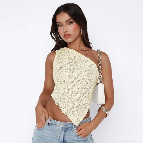 Women's Sexy Floral Lace One Shoulder Tank Top Asymmetrical Cropped Cami Backless Lace Up Hollow Out Clubwear Summer Vest