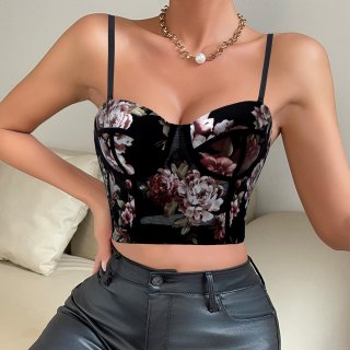 Women's Sexy Floral Print Corset Top Polyester Spandex Mesh Fishbone Bustier Spaghetti Strap Crop Top For Party Streetwear Evening Clubwear