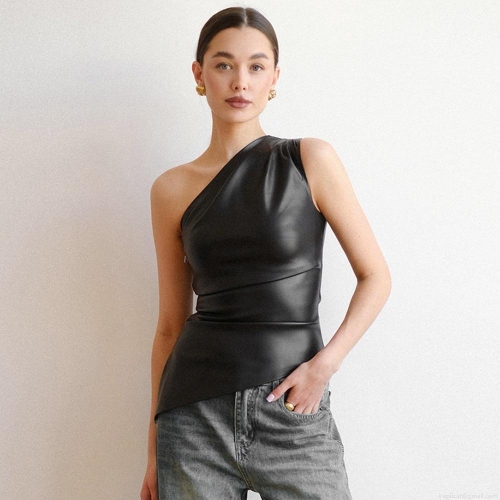 Women's One Shoulder Faux Leather Vest Sleeveless Slim Fit Irregular Hem PU Tank Top Sexy Streetwear Solid Color Clubwear Blouse