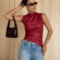 Women PU Leather Sleeveless Top Chic High Neck Ruched Slim Fit Vest Sexy Back Zipper Irregular Hem Solid Color Streetwear Tank Top For Party Daily Casual Clubwear