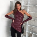 Sexy Women's One Shoulder PU Leather Top with Matching Sleeve Covers Side Zipper Slim Fit Synthetic Leather Clubwear Party Streetwear Blouse