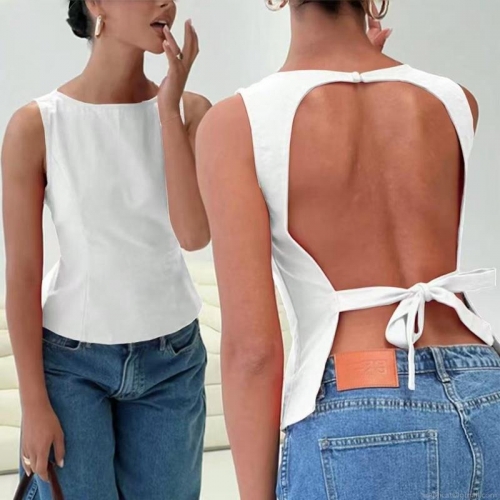 Sexy Backless Tied Tank Top Women Sleeveless Round Neck Bow Back Slim Fit Cropped Polyester Spandex Vest Streetwear Casual Summer Top
