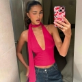 Women Sexy Halter Neck Deep V Lace-Up Backless Tank Top Summer Solid Color Slim Fit Sleeveless Integrated Scarf Vest Streetwear Party Clubwear Top