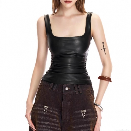Women Sexy PU Leather Tank Top Square Neck Slim Fit Sleeveless Crop Top Solid Color Streetwear Camisole With Back Zipper