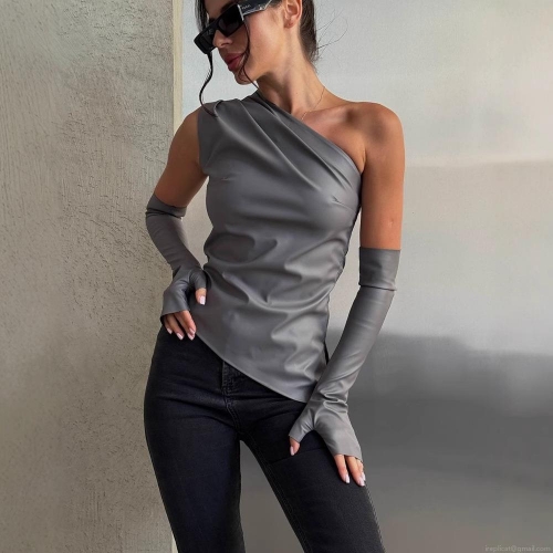 Women Sexy Off Shoulder PU Leather Vest Top With Detachable Sleeve Covers Irregular Hem Camisole Party Clubwear Streetwear Faux Leather Shirt Set
