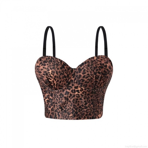 Women's Sexy Leopard Print Bustier Crop Top Pleated Fishbone Camisole Push Up Corset Tank Top For Party Nightclub Streetwear
