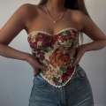 Vintage Floral Jacquard Corset Top Women Sexy Strapless Fishbone Bustier With Lace Trim Back Lace-Up Streetwear Slim Fit Polyester Vest Top
