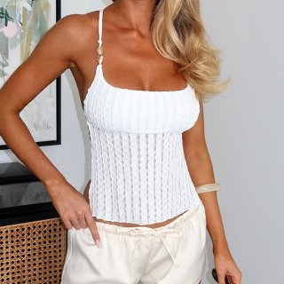 Sexy Halter Neck Backless Cropped Camisole Top With Pearl Beaded Straps Vertical Pleated Knitted Fabric Summer Beach Vacation Slim Fit Tank Top For Women