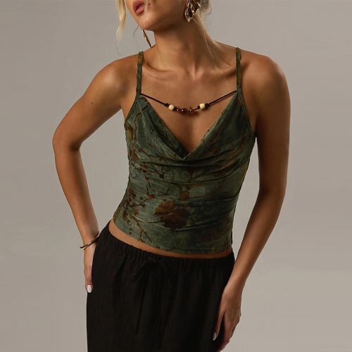 Women's Sexy V-Neck Camisole Retro Floral Flocking Velvet Top With Beaded Detail Spaghetti Strap Slim Fit Short Vest For Summer Party