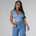 Women's Sexy Deep V-Neck Sleeveless Denim Vest Top Hollow Out Backless Cropped Tank Top With Side Metal Buckles Streetwear Summer Party Top