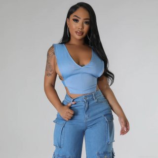 Women's Sexy Deep V-Neck Sleeveless Denim Vest Top Hollow Out Backless Cropped Tank Top With Side Metal Buckles Streetwear Summer Party Top