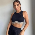 Women's Sexy Round Neck Ribbed Knit Crop Top With Rhinestone Metal Chain Tassel Hem Sleeveless Slim Fit Tank Top For Party Clubwear Summer Fashion