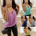 Women's Sexy V-Neck Sequin Camisole Sparkly Glitter Tank Top Fashion Party Clubwear Nightout Sleeveless Strappy Vest For Ladies Summer Beach Holiday