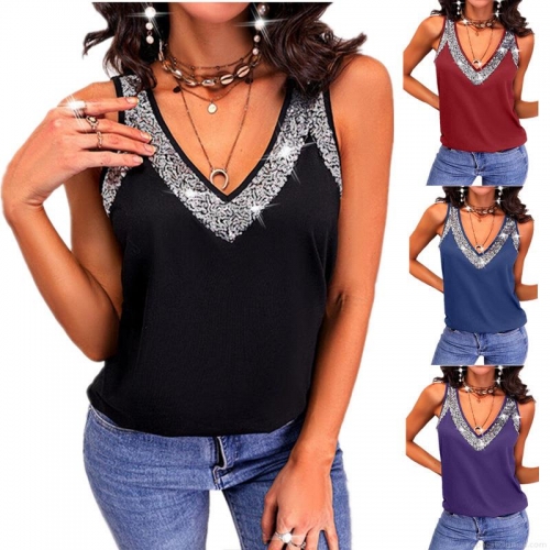 Women's Casual Sleeveless V Neck Tank Top Sequin Embellished Cotton Blend Loose Fit T-Shirt Elegant Summer Party Cami Top For Women