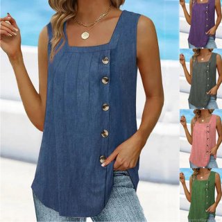 Women's Summer Casual Square Neck Sleeveless Tank Top Cotton Blend Solid Color Side Button Decor Pleated Loose Fit Vest For Women Vacation Daily Wear