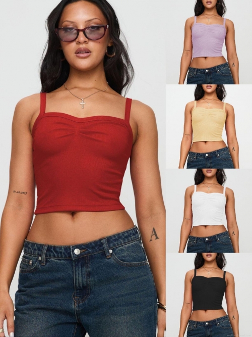 Women's Sexy Ribbed Knit Camisole Square Neck Slim Fit Cropped Tank Top Pleated Y2K Sleeveless Vest Polyester Spandex For Summer Daily Wear
