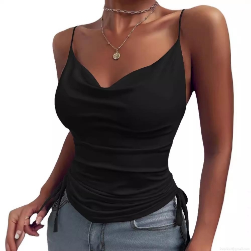 Women Sexy V Neck Cowl Neck Camisole Side Drawstring Ruched Crop Tank Top Spaghetti Strap Summer Casual Sleeveless Blouse For Vacation Party Streetwear
