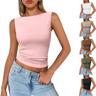 Women's Sexy Y2K Sleeveless Tank Top Boat Neck Slim Fit Ruched Side Polyester Milk Silk Streetwear Summer Vest Inner Wear Basic Top
