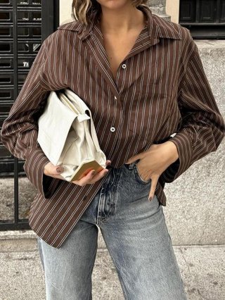 Women's Casual Brown Striped Long Sleeve Shirt Button Up Polo Collar Loose Blouse Cotton Blend Plaid Top for Daily Vacation Wear