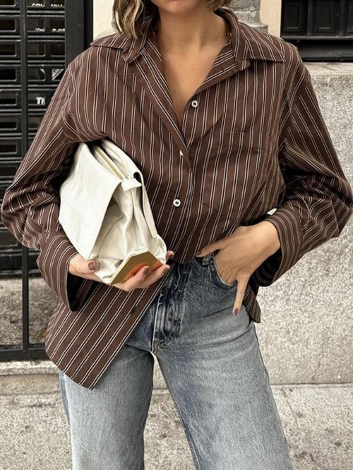 Women's Casual Brown Striped Long Sleeve Shirt Button Up Polo Collar Loose Blouse Cotton Blend Plaid Top for Daily Vacation Wear