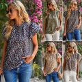 Women's Casual Floral Print Ruffle Sleeve Blouse Elegant Round Neck Loose Polyester Short Sleeve Top for Summer Daily Wear
