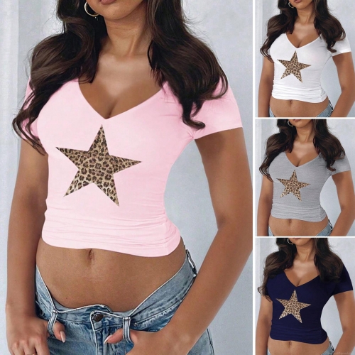 Women's V Neck Short Sleeve T-Shirt Slim Fit Viscose Elastane Leopard Star Print Crop Top Sexy Casual Summer Tee Apparel