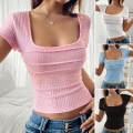 Women's Sexy Backless T-Shirt Lace Patchwork Square Neck Y2K Bow Tie Short Sleeve Slim Fit Textured Knit Crop Top Summer Casual Party Tee