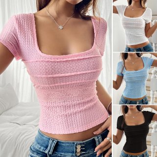 Women's Sexy Backless T-Shirt Lace Patchwork Square Neck Y2K Bow Tie Short Sleeve Slim Fit Textured Knit Crop Top Summer Casual Party Tee