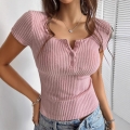 Women's Y2K Sexy Slim Fit Rib-Knit T-Shirt With Button Front Short Sleeve Polyester Elastane Top For Casual Dating Summer Party Streetwear Fashionable Lady Tee