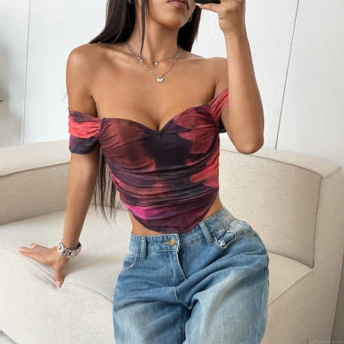 Women's Sexy Y2K Tie Dye Strapless Tube Top Polyester Elastane Ruched Mesh Off Shoulder Slim Fit Crop Top For Summer Party Clubwear Streetwear