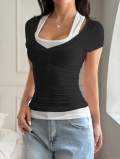 Women's Fake Two-Piece T-Shirt Knitted Ribbed U-Neck Short Sleeve Top With Decorative Buttons Sexy Y2K Streetwear Slim Fit Polyester Spandex Summer Tee For Women Casual Daily