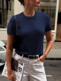Women's Casual Short Sleeve Knit T-Shirt Slim Fit Crew Neck Pullover Solid Color Acrylic Polyamide Wool Blend Top For Autumn Winter Streetwear
