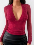 Women Sexy Deep V Neck Long Sleeve T-Shirt Polyester Spandex Sparkly Sequin Mesh Polka Dot Slim Fit Y2K Hot Girl Style Top For Club Party Streetwear