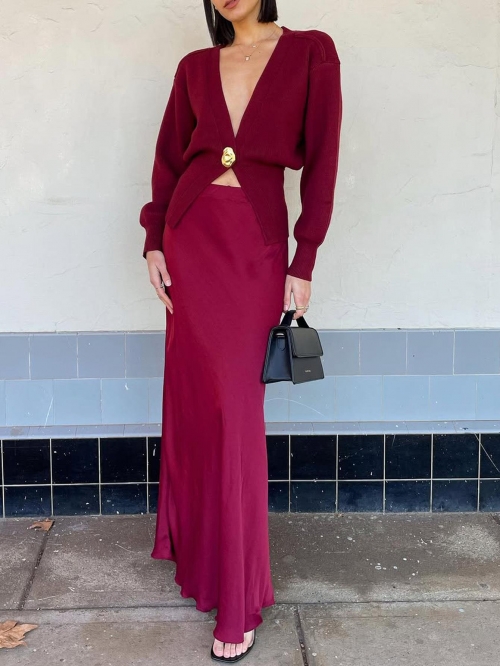 Women Elegant V Neck Knitted Cardigan Sweater With Single Gold Button Slim Fit Long Sleeve Solid Color Viscose Blend Knitwear For Autumn Winter Ladies Casual Office Tops