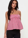Women's Summer Red White Gingham Cami Top Sleeveless Square Neck Peplum Blouse Polyester Plaid Ruffle Back Smocked Cami For Casual Beach Vacation Women