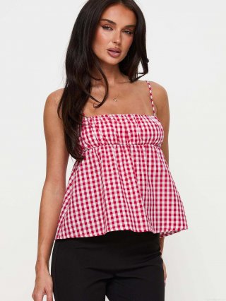 Women's Summer Red White Gingham Cami Top Sleeveless Square Neck Peplum Blouse Polyester Plaid Ruffle Back Smocked Cami For Casual Beach Vacation Women