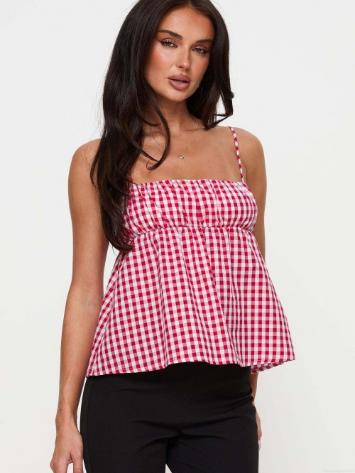 Women's Summer Red White Gingham Cami Top Sleeveless Square Neck Peplum Blouse Polyester Plaid Ruffle Back Smocked Cami For Casual Beach Vacation Women