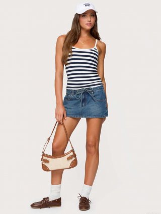 Women's Striped Camisole Tank Top Slim Fit Ribbed Sleeveless Crop Top Summer Casual Streetwear Sexy Dark Blue White Cami For Women