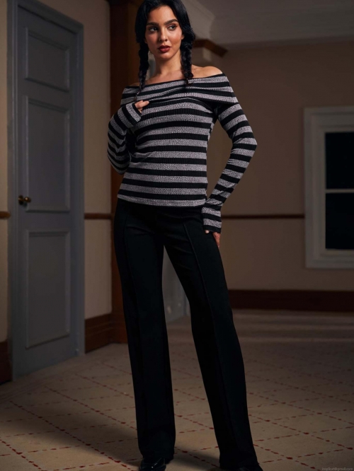 Women's Sexy Off Shoulder Long Sleeve Striped T-Shirt Knit Ribbed Contrast Color Slim Fit Crop Top For Party Club Streetwear