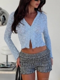 Women's Sexy Light Blue Lace Top Long Sleeve V-Neck Zipper Front Hollow Out Floral Pattern Cropped Blouse Casual Streetwear Party Top for Women