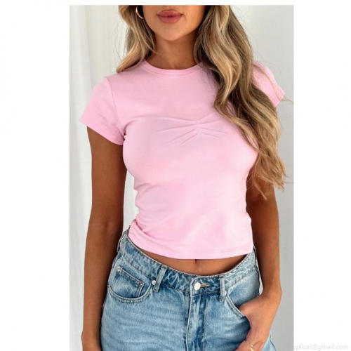 Women's Casual Ruched Short Sleeve T-Shirt Slim Fit Solid Color Round Neck Polyester Spandex Soft Pullover Tee Top for Summer Fashion Daily Wear
