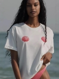 Women's Summer White Short Sleeve T-Shirt Loose Casual Milk Silk Top With Shell Lobster Print Beach Holiday Streetwear Tee