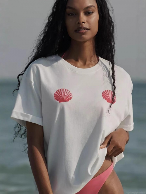 Women's Summer White Short Sleeve T-Shirt Loose Casual Milk Silk Top With Shell Lobster Print Beach Holiday Streetwear Tee