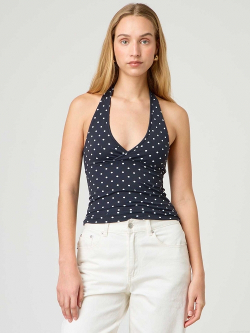 Women's Sexy Halter Neck Backless Top Polyester Spandex Polka Dot Grid Print Sleeveless V-Neck Slim Fit Camisole Tank Top For Summer Streetwear