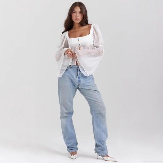 Women's Elegant Square Neck Sheer Chiffon Top Sweet Palace Style Long Sleeve Cropped Blouse Sexy Transparent White Shirt for Club Party