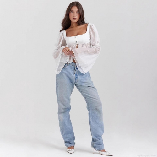 Women's Elegant Square Neck Sheer Chiffon Top Sweet Palace Style Long Sleeve Cropped Blouse Sexy Transparent White Shirt for Club Party