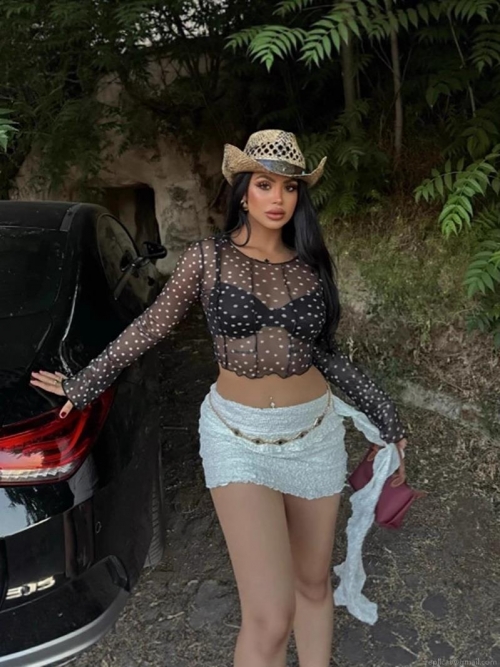 Women's Polka Dot Sheer Mesh Crop Top Round Neck Long Sleeve Lettuce Trim Slim Fit Sexy Streetwear Tee Shirt For Summer Party 95% Polyester 5% Elastane